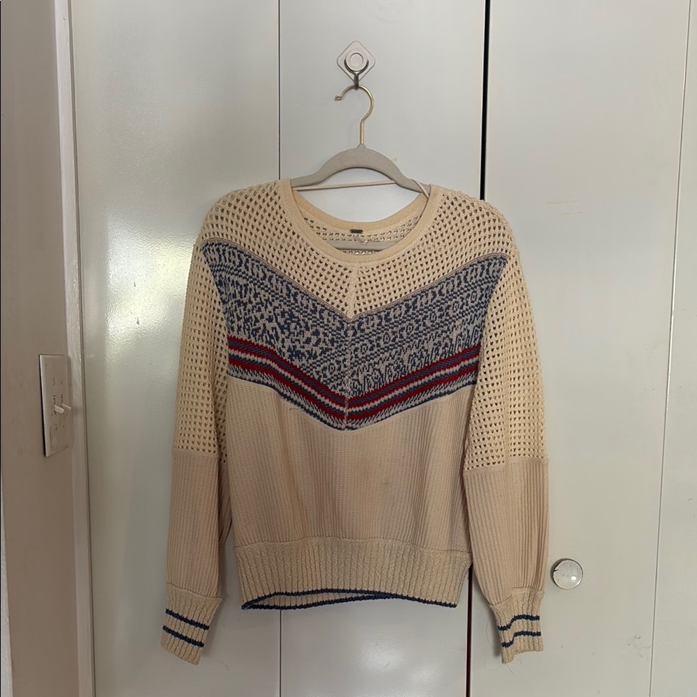 Blue and Cream Crew Neck Sweater with Chevron Pattern